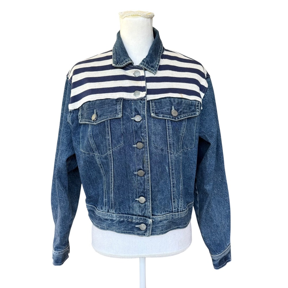 Vintage Area Code Denim Jacket Womens Small Nautical Anchor Striped USA Made 90s